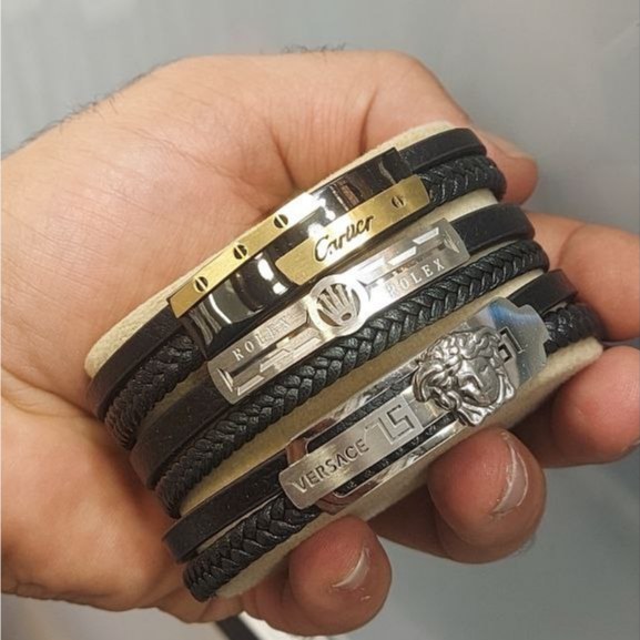 دستبند چرمی قفل و پلاک استیل مردانه طرح گوچی Gucci کیفیت چرم عالی در تنوع طرح رنگ ثابت کد bn (پس کرایه)
