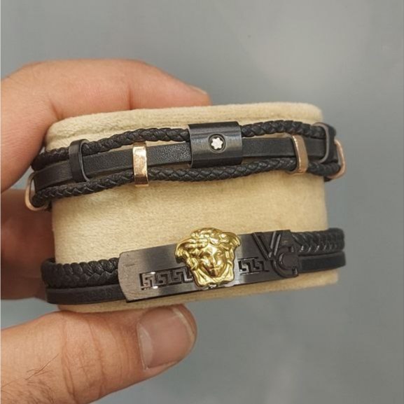 دستبند چرمی قفل و پلاک استیل مردانه طرح رولکس Rolex کیفیت چرم عالی تنوع طرح رنگ ثابت کد bn (پس کرایه)