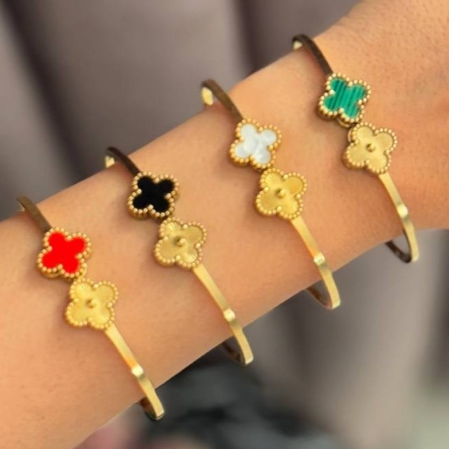 دستبند النگویی و بنگل استیل زنانه طرح گل ونکلیف vancleef نگین دار در تنوع رنگ رنگ ثابت کد sm