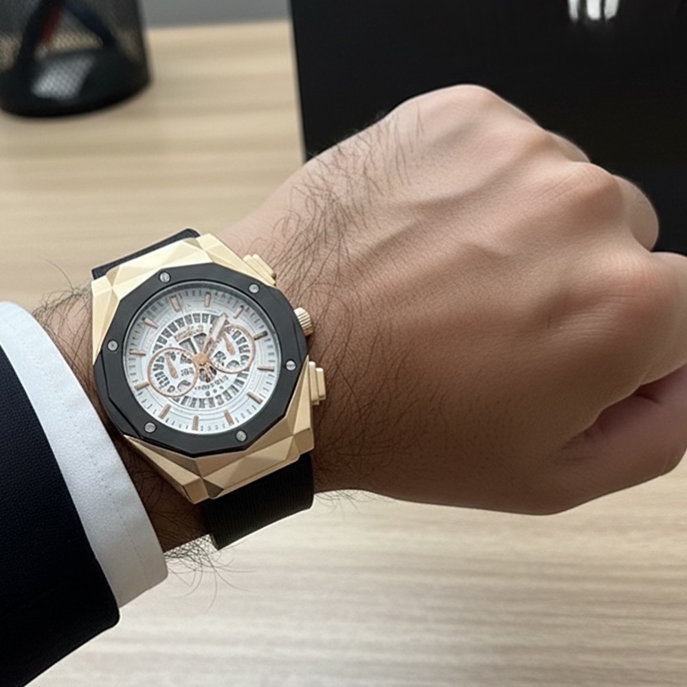 ساعت مردانه و پسرانه ترکیب رزگلد مشکی طرح هابلوت مارک والار ارسال رایگان