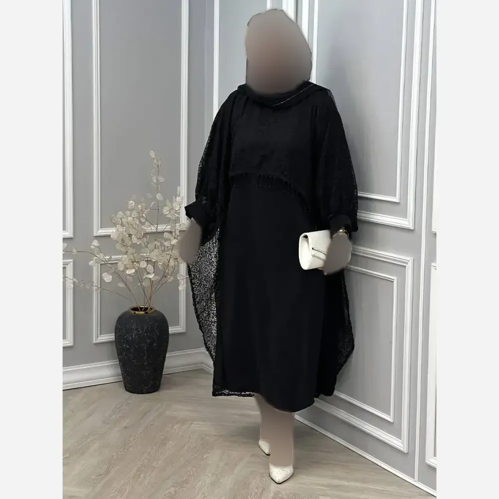 ست دوتیکه مجلسی زنانه مدل رویال سارافن بوگاتی با رویه دانتل مشکی سایز فری 38 تا 48